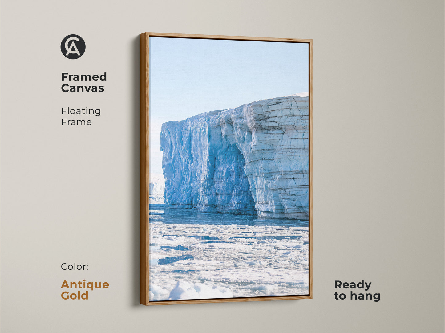 Antique gold framed canvas featuring a minimalist iceberg. The light blue canvas art is ready to hang. It brings a serene glacier scene to any room. This contemporary wall decor is perfect as a gift.
