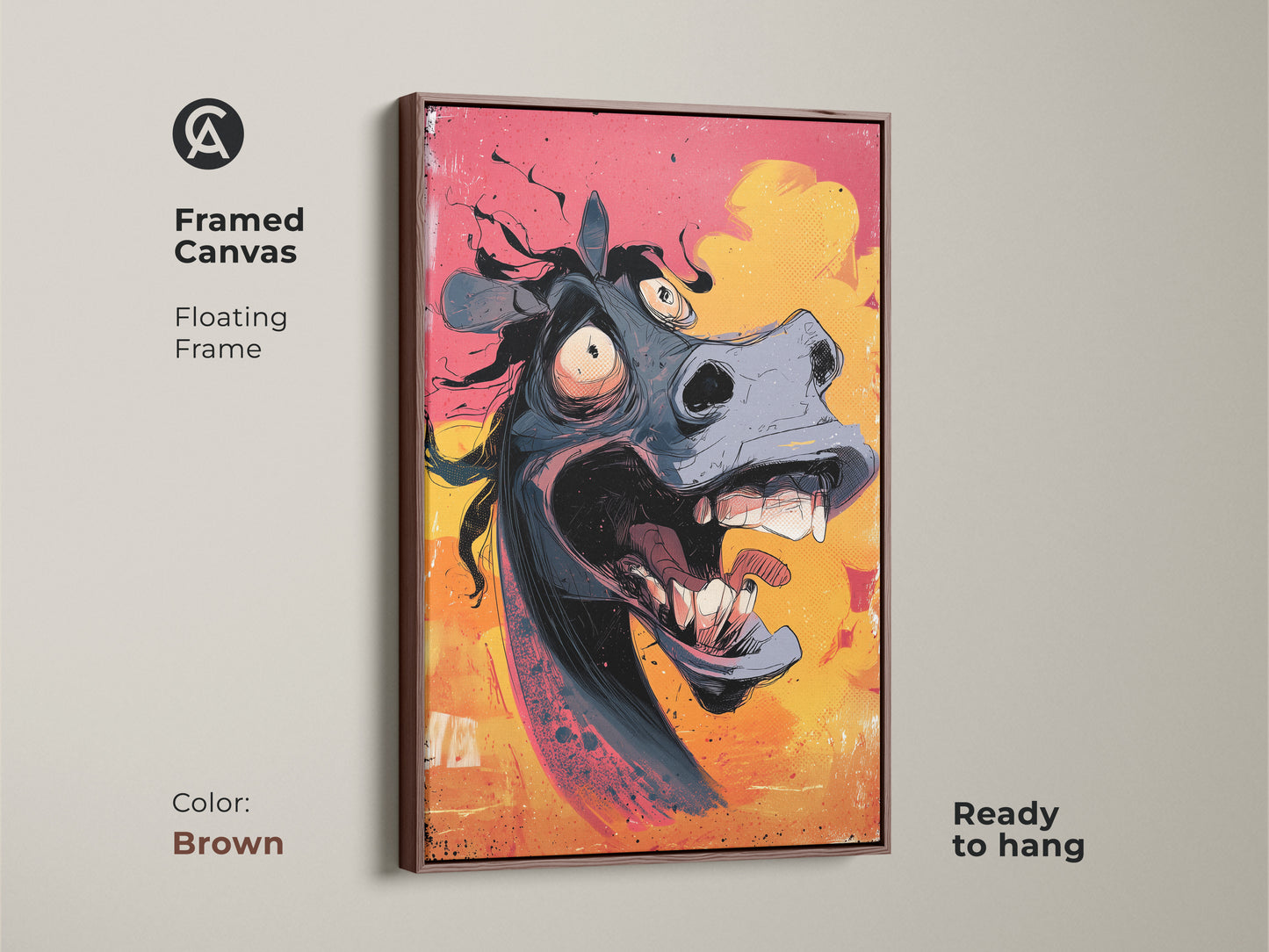 Framed canvas floating frame in brown showcasing cartoon horse wall art. This funny animal print is perfect for eclectic decor. It's a great gift for horse lovers. The humorous horse portrait adds a unique touch to any space. Ready to hang.