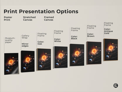 Explore print presentation options for solar system artwork. Choose from poster prints stretched canvas and framed canvas. Each option showcases a vibrant sun and planets. Find the perfect style to elevate your space with cosmic art.