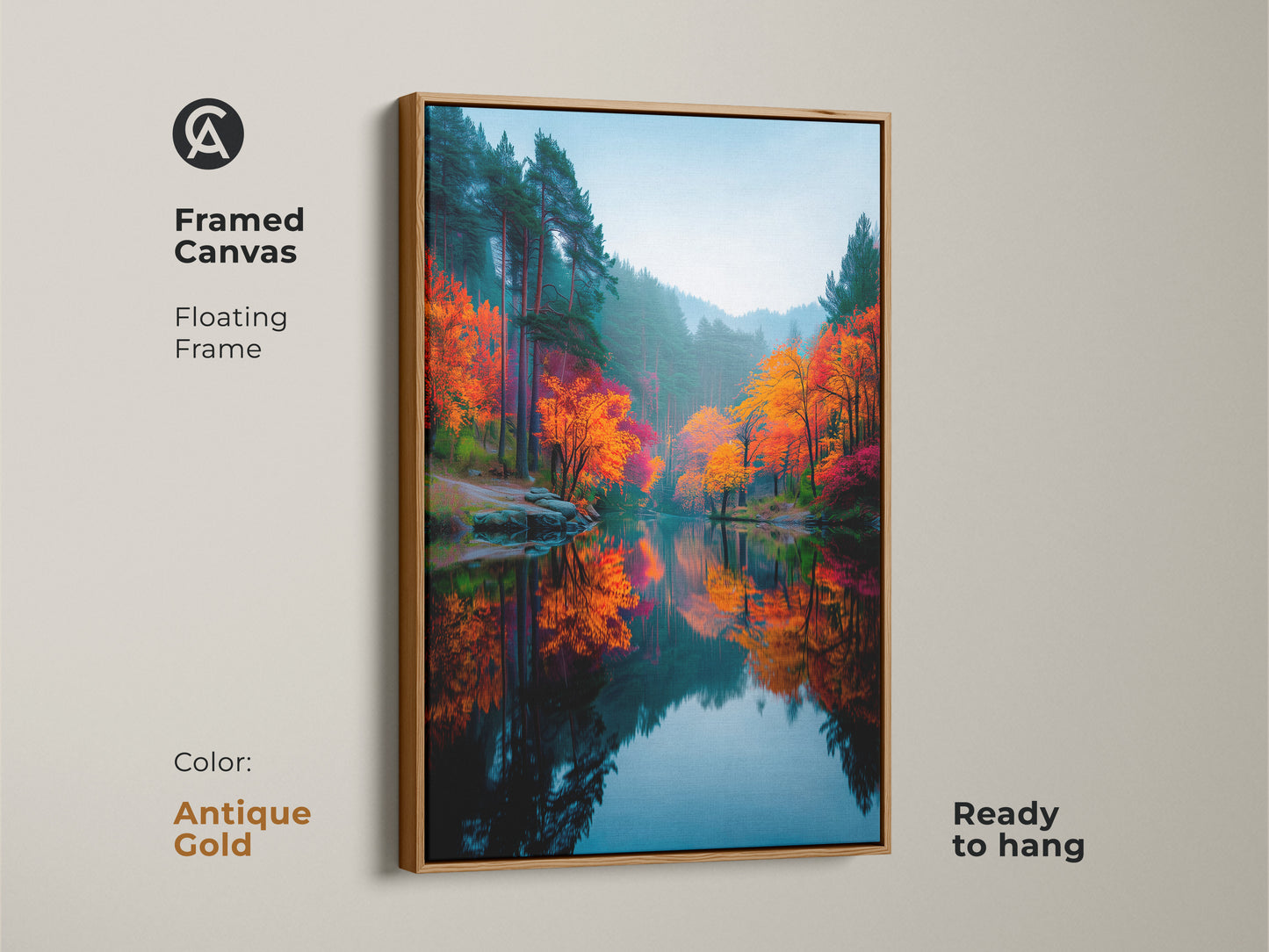 Framed canvas print of a tranquil autumn forest. The antique gold floating frame adds vintage charm. This ready to hang artwork brings nature's beauty home. Discover framed canvas art.