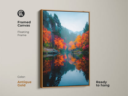Framed canvas print of a tranquil autumn forest. The antique gold floating frame adds vintage charm. This ready to hang artwork brings nature's beauty home. Discover framed canvas art.
