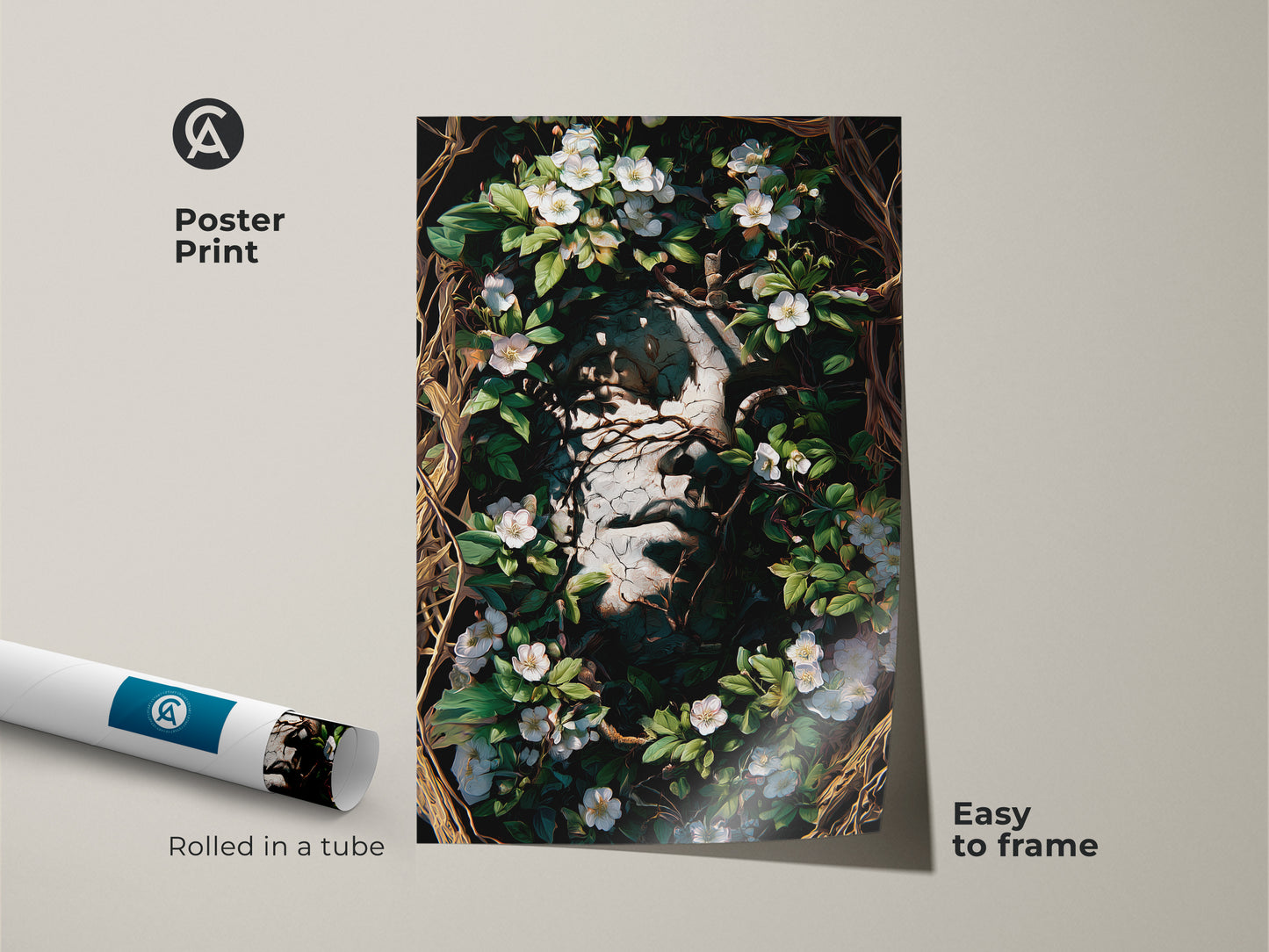 Poster Print of Surreal face botanical artwork perfect framed. Rolled in a tube and easy to frame this Gothic dark academia art. Features white flowers and greenery canvas. Excellent art for dark academia room aesthetics.