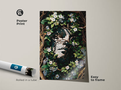 Poster Print of Surreal face botanical artwork perfect framed. Rolled in a tube and easy to frame this Gothic dark academia art. Features white flowers and greenery canvas. Excellent art for dark academia room aesthetics.