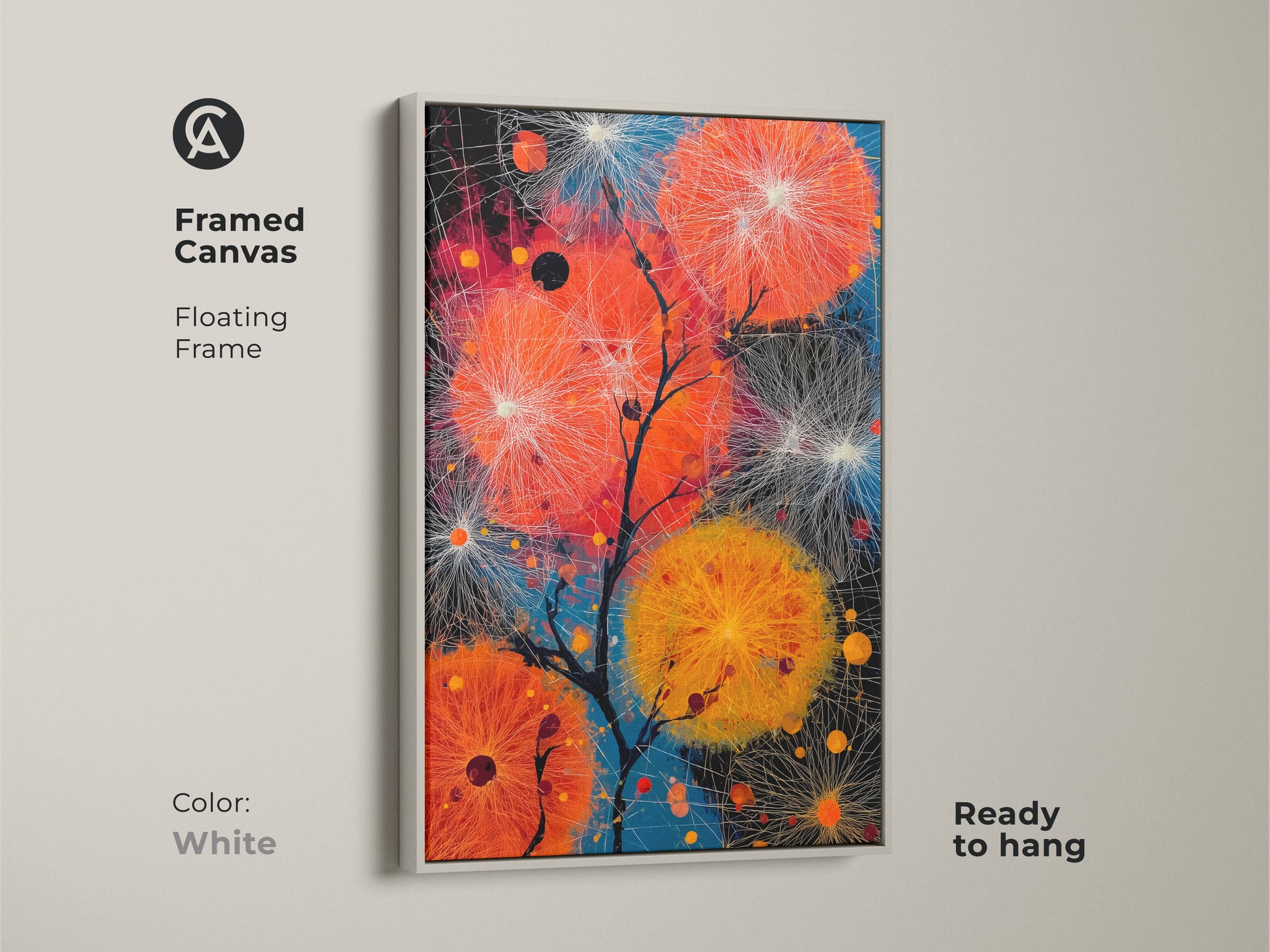 White framed canvas art featuring orange & blue abstract dandelions. This floating frame accentuates the contemporary style. Ready to hang this nature inspired piece is perfect for modern decor. Give as a housewarming gift to art aficionados.