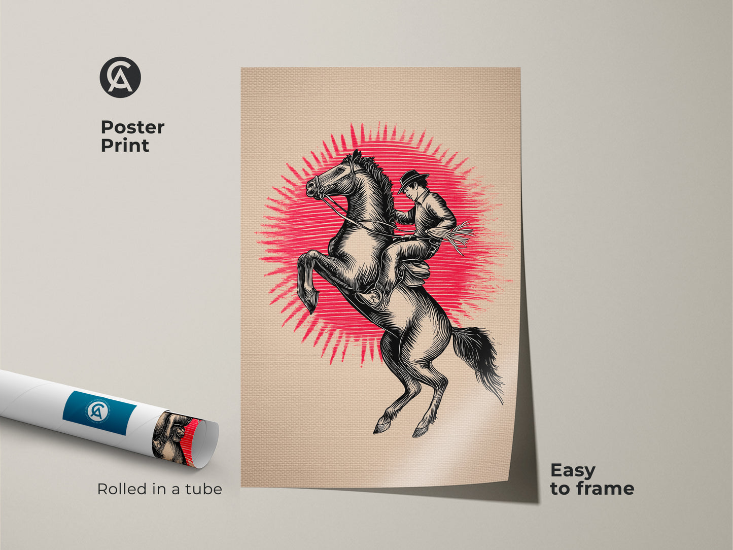 Easy to frame this poster print arrives rolled in a tube. The cowboy horse wall art makes excellent western rider canvas print. The rustic black beige artwork adds to country western home decor. Perfect Father's Day gift.