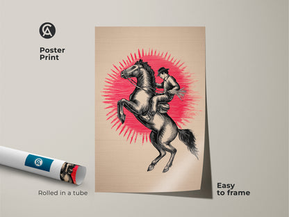 Easy to frame this poster print arrives rolled in a tube. The cowboy horse wall art makes excellent western rider canvas print. The rustic black beige artwork adds to country western home decor. Perfect Father's Day gift.