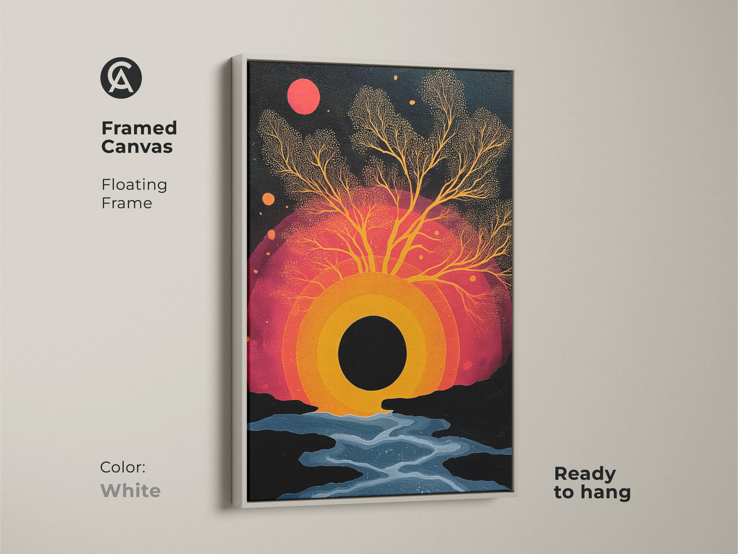 Framed canvas art showcases an abstract surreal tree. The white floating frame is ready to hang. The black orange and red wall art is a unique find. This eclectic bedroom decor is nature inspired. Modern art print for a vibrant sunset canvas.