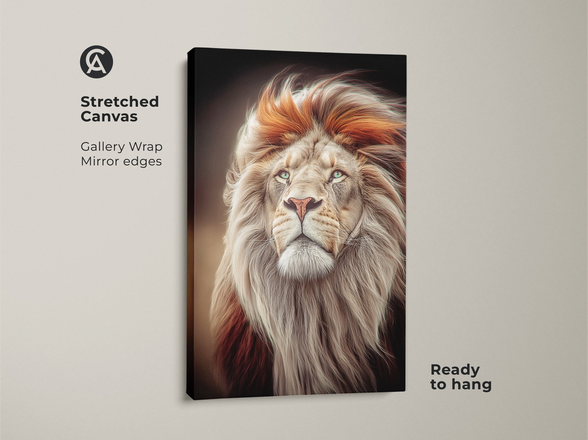 Close-up showcasing the stretched canvas of the photorealistic lion artwork. The gallery wrap displays mirror edges. This canvas is ready to hang. The gold and orange mane art adds a touch of the wild to any space. This is a great animal lover gift idea.