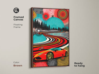 This framed canvas shows a brown floating frame. It’s a Pop art landscape with a red sports car and motorcycles. Ready to hang contemporary wall decor. Unique gift for him who loves automotive art prints. Inject color into your room.