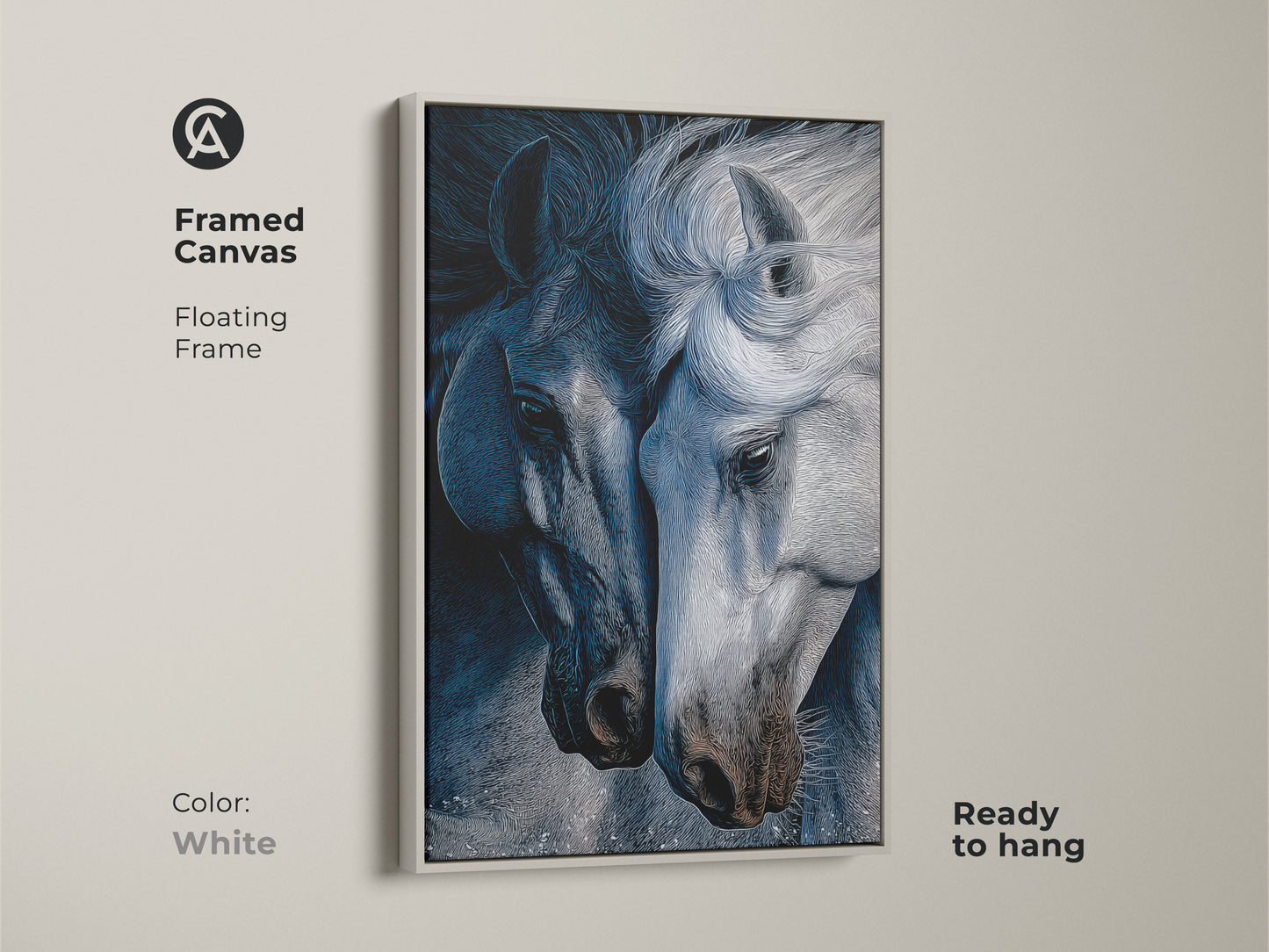 Framed canvas in white featuring indigo horse line art. The contemporary horse print is ready to hang. This animal line art wall decor adds a sophisticated touch. It's ideal as bedroom horse decor. The blue gray art print serves as a captivating focal point. Perfect as a gift for horse enthusiasts or as housewarming canvas art.