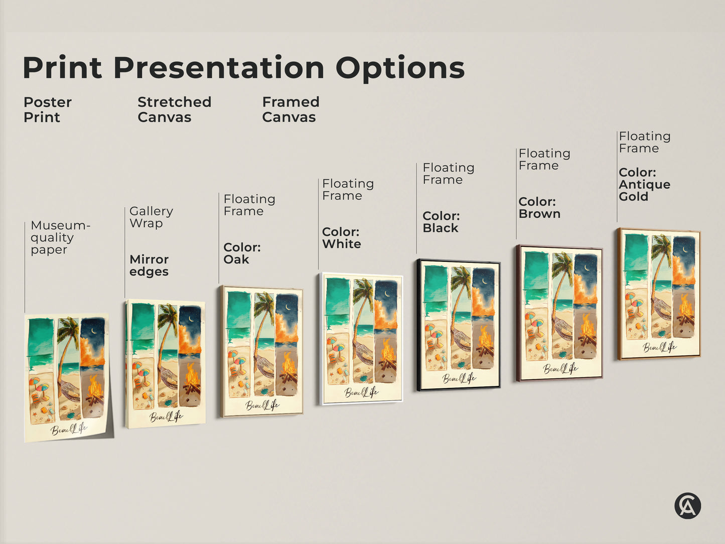 Print presentation options for beach life artwork. The prints are available as posters stretched canvas and framed canvas. The framed canvas option comes in multiple colors. Buy now