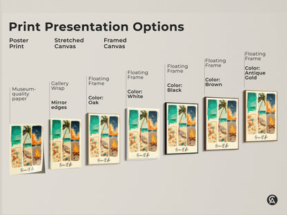 Print presentation options for beach life artwork. The prints are available as posters stretched canvas and framed canvas. The framed canvas option comes in multiple colors. Buy now