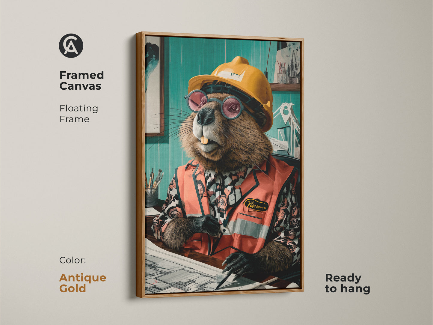 Framed canvas of a beaver engineer with an antique gold floating frame. Adds a touch of whimsy as creative workplace decor. Ideal animal wearing vest poster for construction themed decor. It makes a funny professional gift.