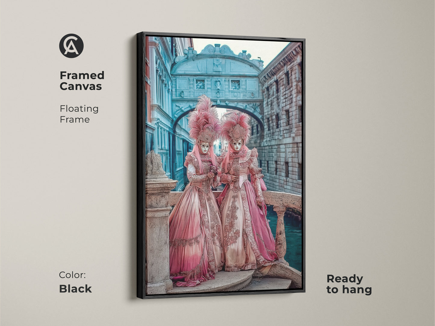 Black framed canvas of Venetian Carnival Artwork. The masquerade mask wall art is ready to hang. The floating frame showcases regal pink gold teal artwork. A baroque style print for eclectic home decor.