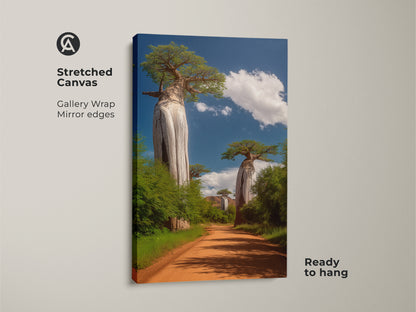 Stretched canvas art print of African Baobab trees. Gallery wrap with mirror edges. Ready to hang. This boho landscape wall decor brings nature indoors. A perfect travel lovers gift.