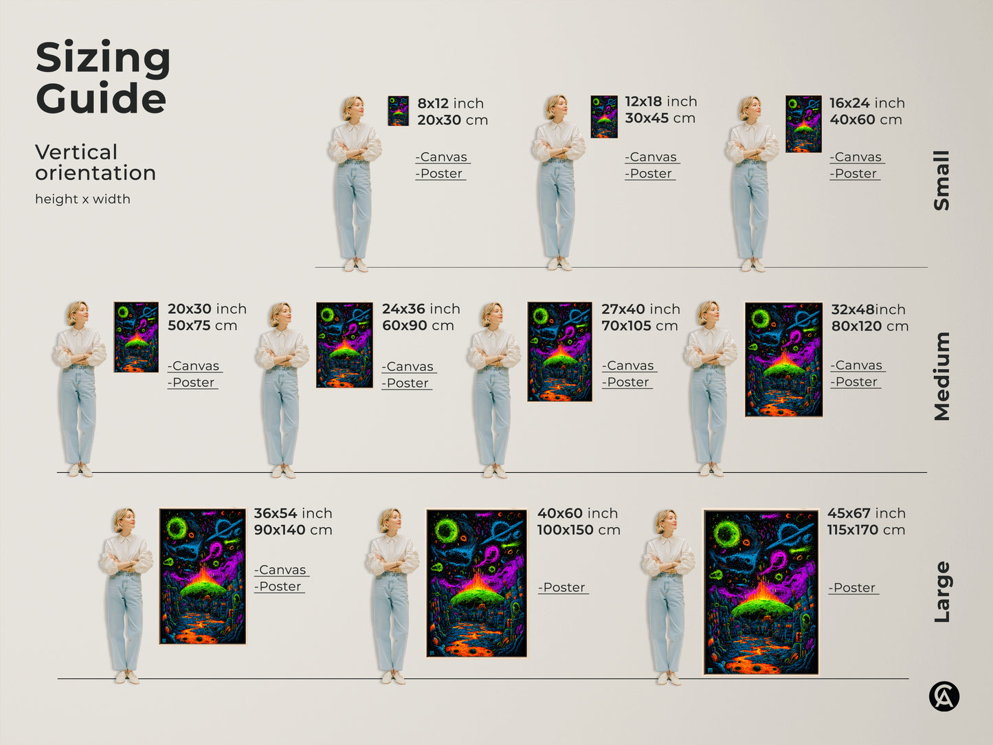 Find the perfect size for your space with our vertical orientation sizing guide. This artwork is available in various sizes from small to large. Options include canvas and poster prints. Transform your walls with this neon city and cosmic planets artwork.
