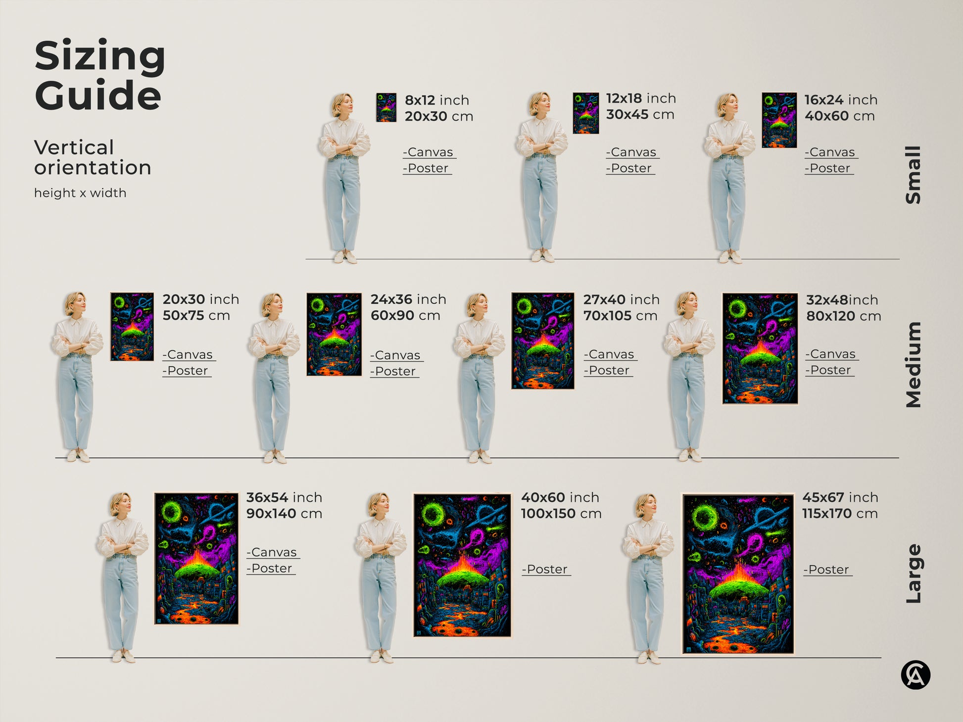 Find the perfect size for your space with our vertical orientation sizing guide. This artwork is available in various sizes from small to large. Options include canvas and poster prints. Transform your walls with this neon city and cosmic planets artwork.