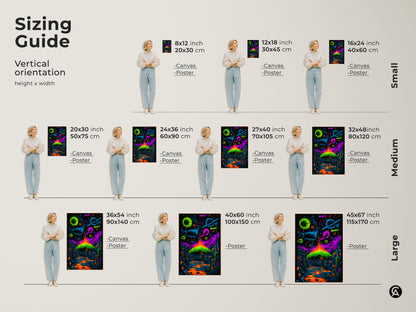 Find the perfect size for your space with our vertical orientation sizing guide. This artwork is available in various sizes from small to large. Options include canvas and poster prints. Transform your walls with this neon city and cosmic planets artwork.
