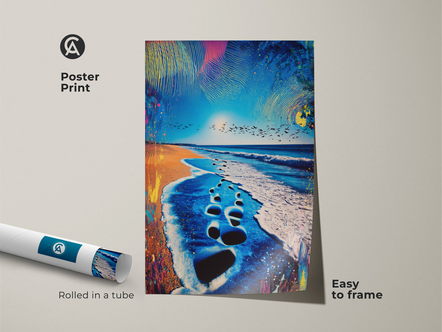 Poster print displays abstract beach art rolled in a tube easy to frame. The art features a vibrant turquoise sky with ocean footprints and birds in flight. A perfect eclectic wall art piece for a summer beach home decor theme.