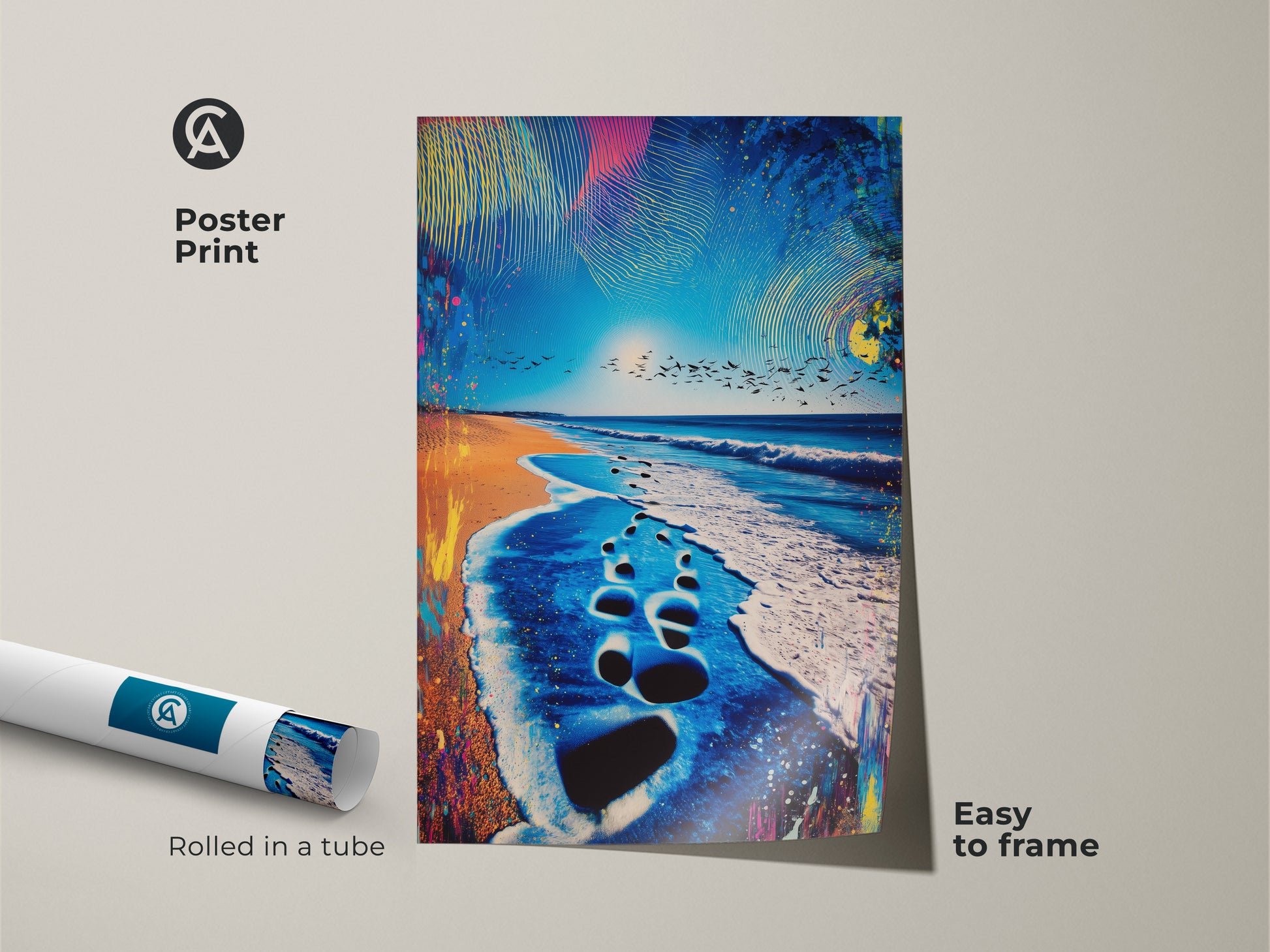 Poster print displays abstract beach art rolled in a tube easy to frame. The art features a vibrant turquoise sky with ocean footprints and birds in flight. A perfect eclectic wall art piece for a summer beach home decor theme.