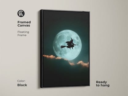 Black framed canvas displays a witch silhouette. The witch flies across a bright teal moon. Ready to hang this gothic Halloween art enhances any room. A great piece for eclectic bedroom art.