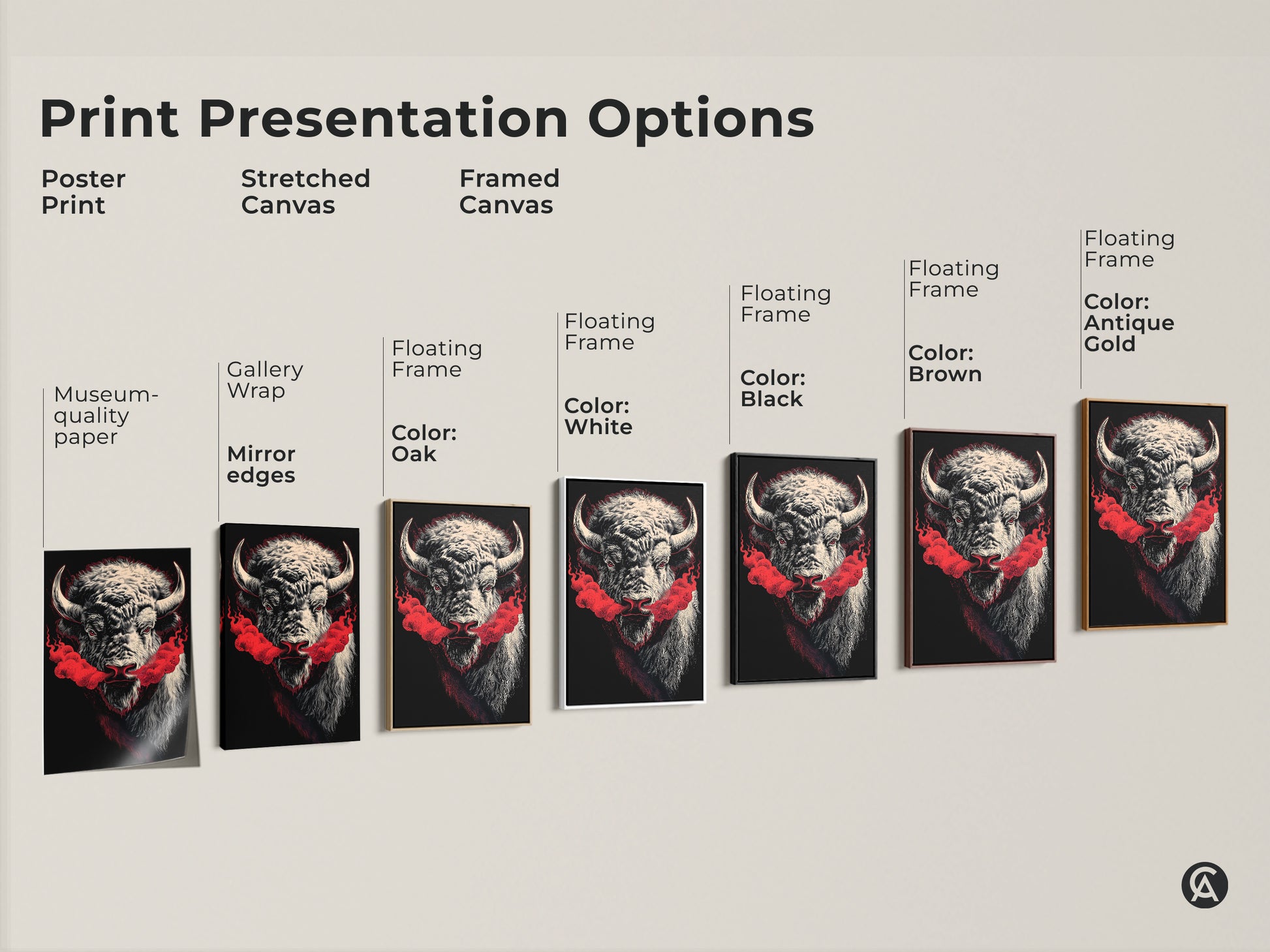 Explore print presentation options for this museum-quality paper. Options include stretched canvas and framed canvas. Floating frames are available in oak white black brown and antique gold. Each showcases striking bison art and is a wildlife artwork choice.
