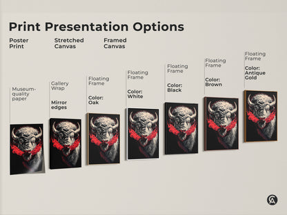 Explore print presentation options for this museum-quality paper. Options include stretched canvas and framed canvas. Floating frames are available in oak white black brown and antique gold. Each showcases striking bison art and is a wildlife artwork choice.