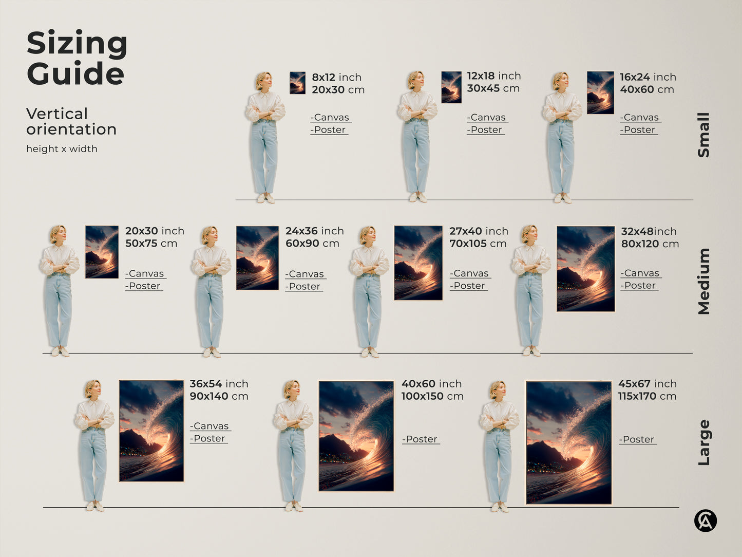 Sizing guide for ocean wave art prints. Vertical orientation canvases and posters are shown in small medium and large sizes. Find the perfect size to fit your space. Enhance your home with beautiful ocean art.