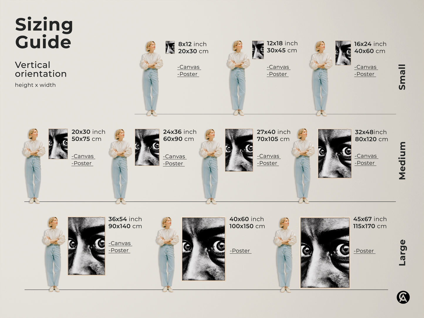 Sizing guide for monochrome face portrait artwork. Available as canvas or poster in various vertical sizes. From small 8x12 to large 45x67 inches. Find the perfect fit for your space. The intense gaze canvas art enhances any room's modern monochrome decor.