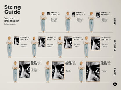 Sizing guide for monochrome face portrait artwork. Available as canvas or poster in various vertical sizes. From small 8x12 to large 45x67 inches. Find the perfect fit for your space. The intense gaze canvas art enhances any room's modern monochrome decor.