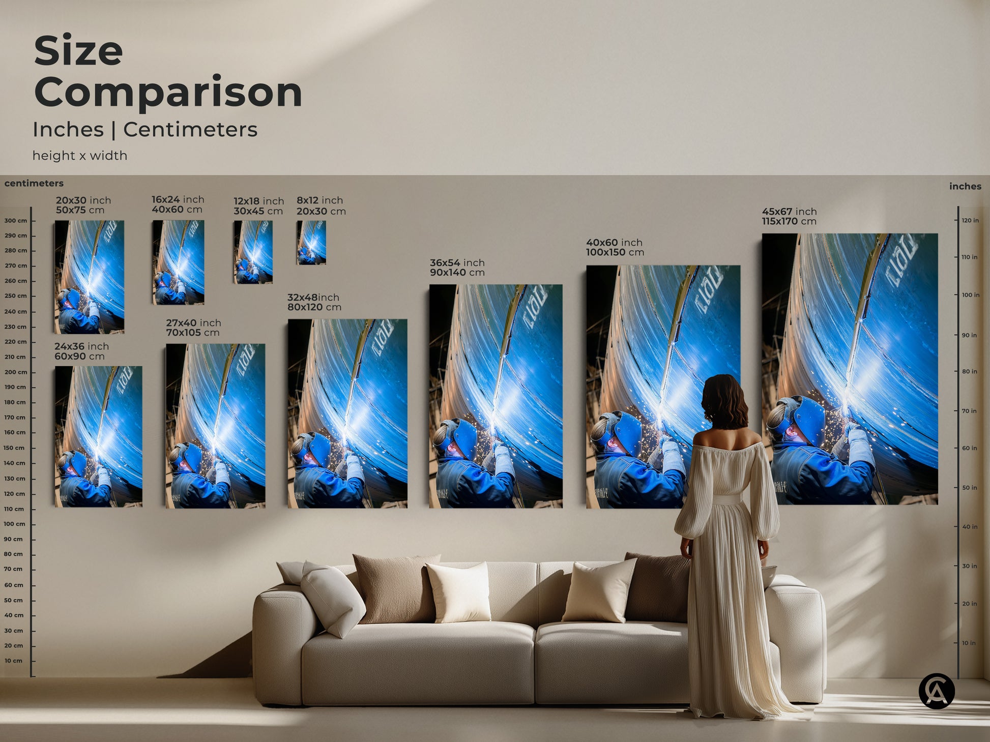 Size comparison of this welding art print in a living room setting. See how various sizes of this industrial canvas art transform a space. Perfect for man caves or as a blue collar worker gift.