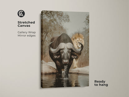Stretched canvas art print of an African buffalo and lion in sepia tones. This wildlife canvas features gallery wrapped edges. The safari animal art is ready to hang. Ideal for eclectic home decor. The photorealistic style captures the essence of nature.