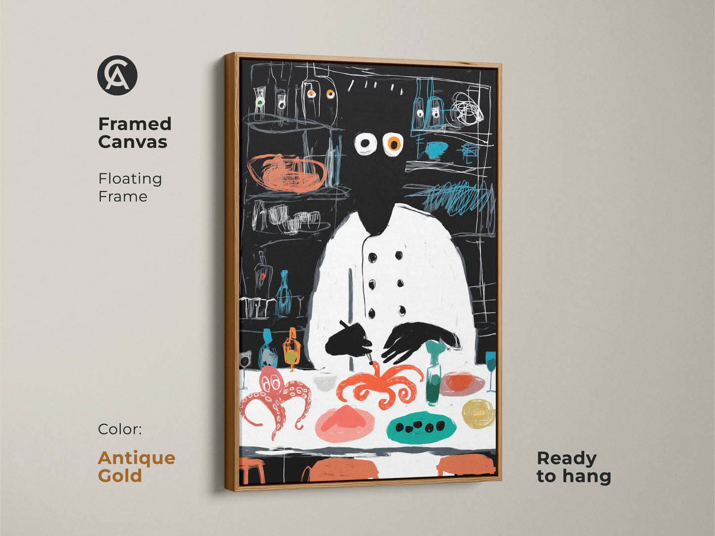 This framed canvas presents the abstract chef and octopus art with an antique gold floating frame. The artwork is ready to hang adding an elegant touch. This food-themed canvas is perfect for kitchens and restaurants. Its whimsical style makes it a unique gift for foodies.