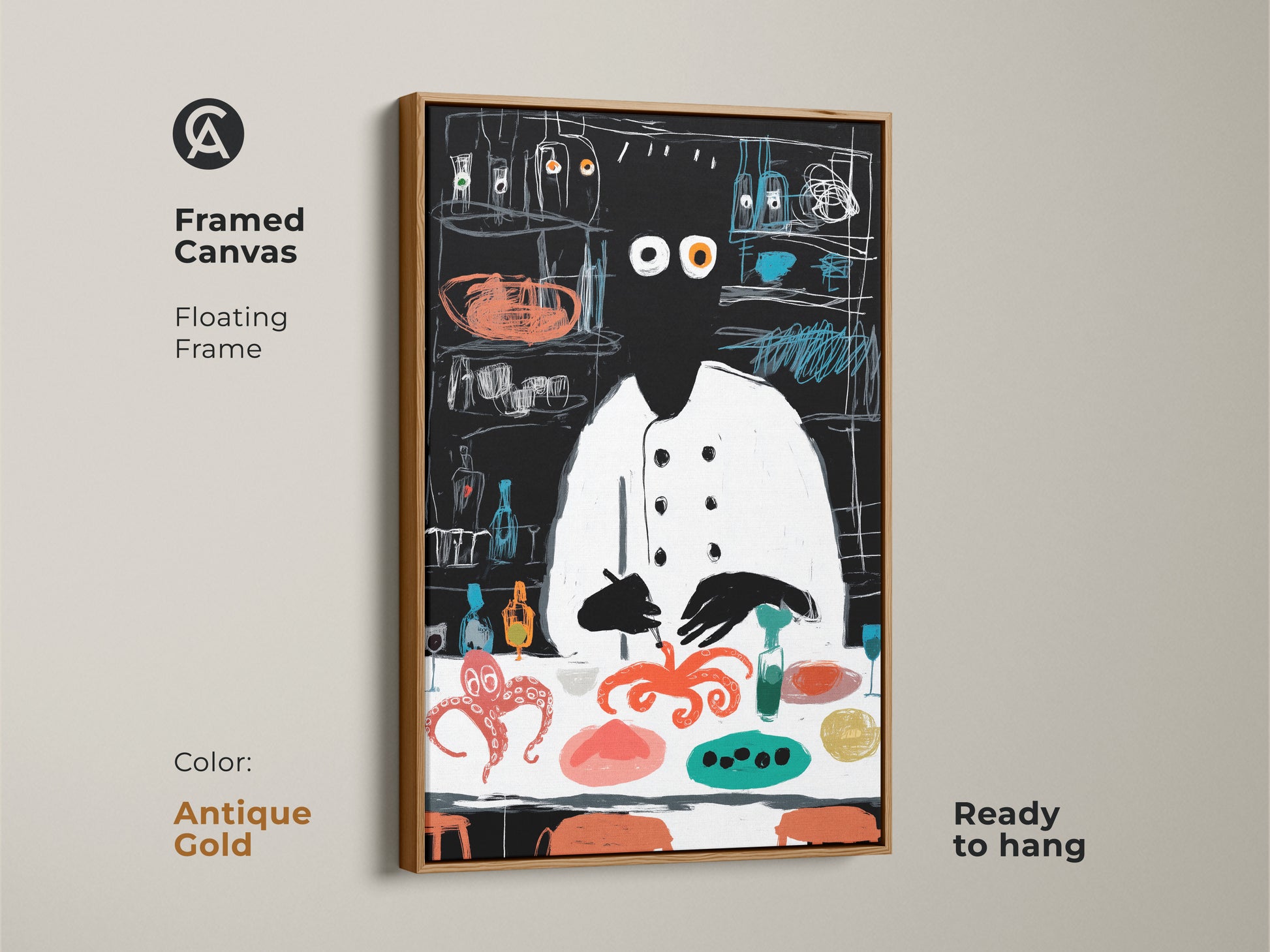 This framed canvas presents the abstract chef and octopus art with an antique gold floating frame. The artwork is ready to hang adding an elegant touch. This food-themed canvas is perfect for kitchens and restaurants. Its whimsical style makes it a unique gift for foodies.