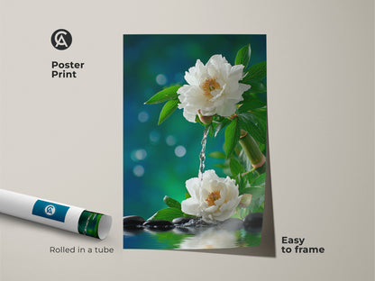 Poster print of white peony flowers with water. This modern floral artwork is easy to frame. Rolled in a protective tube for safe shipping. A beautiful and affordable wall decor option for your home.
