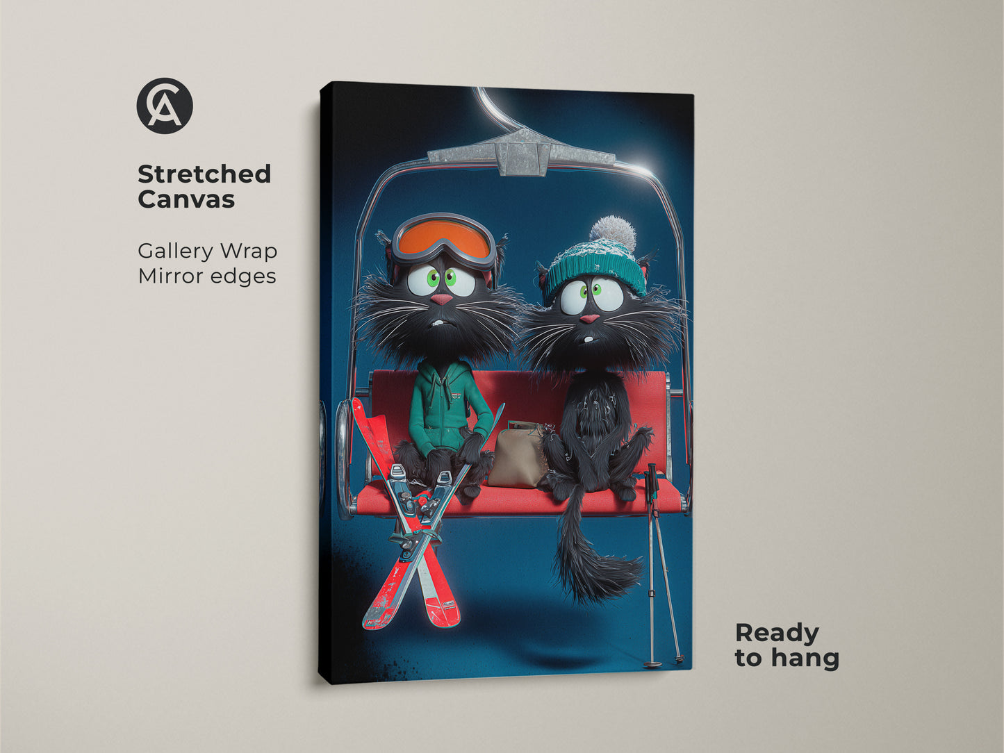 A stretched canvas showcases funny black cats on a ski lift. The gallery wrap and mirror edges enhance the cartoon winter art. This cat skiing art print is a charming addition to any eclectic decor. The whimsical animal wall art makes a great gift. Ready to hang for simple setup.