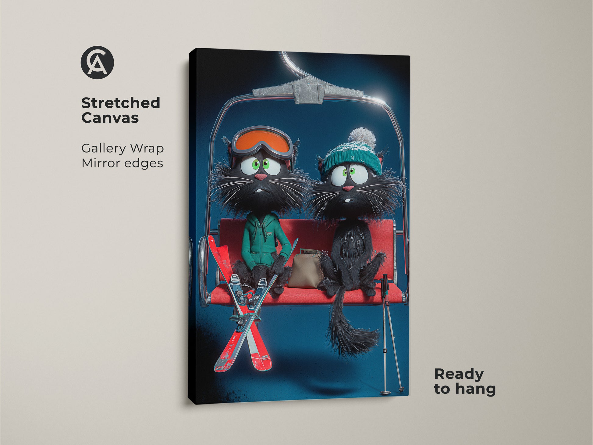 A stretched canvas showcases funny black cats on a ski lift. The gallery wrap and mirror edges enhance the cartoon winter art. This cat skiing art print is a charming addition to any eclectic decor. The whimsical animal wall art makes a great gift. Ready to hang for simple setup.