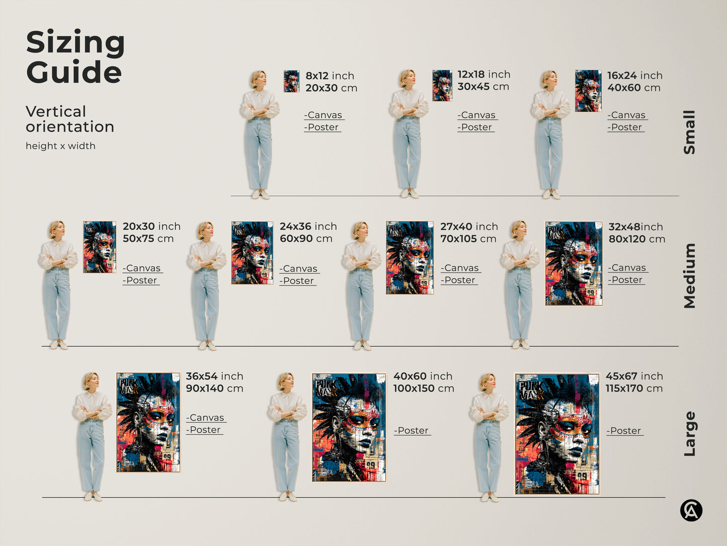 Sizing guide for vertical punk mask graffiti artwork. Available as canvas or poster prints in small medium and large sizes. The urban street art features blue black and red abstract faces. Find the perfect fit for your space with this alternative art print for eclectic decor and music lovers.