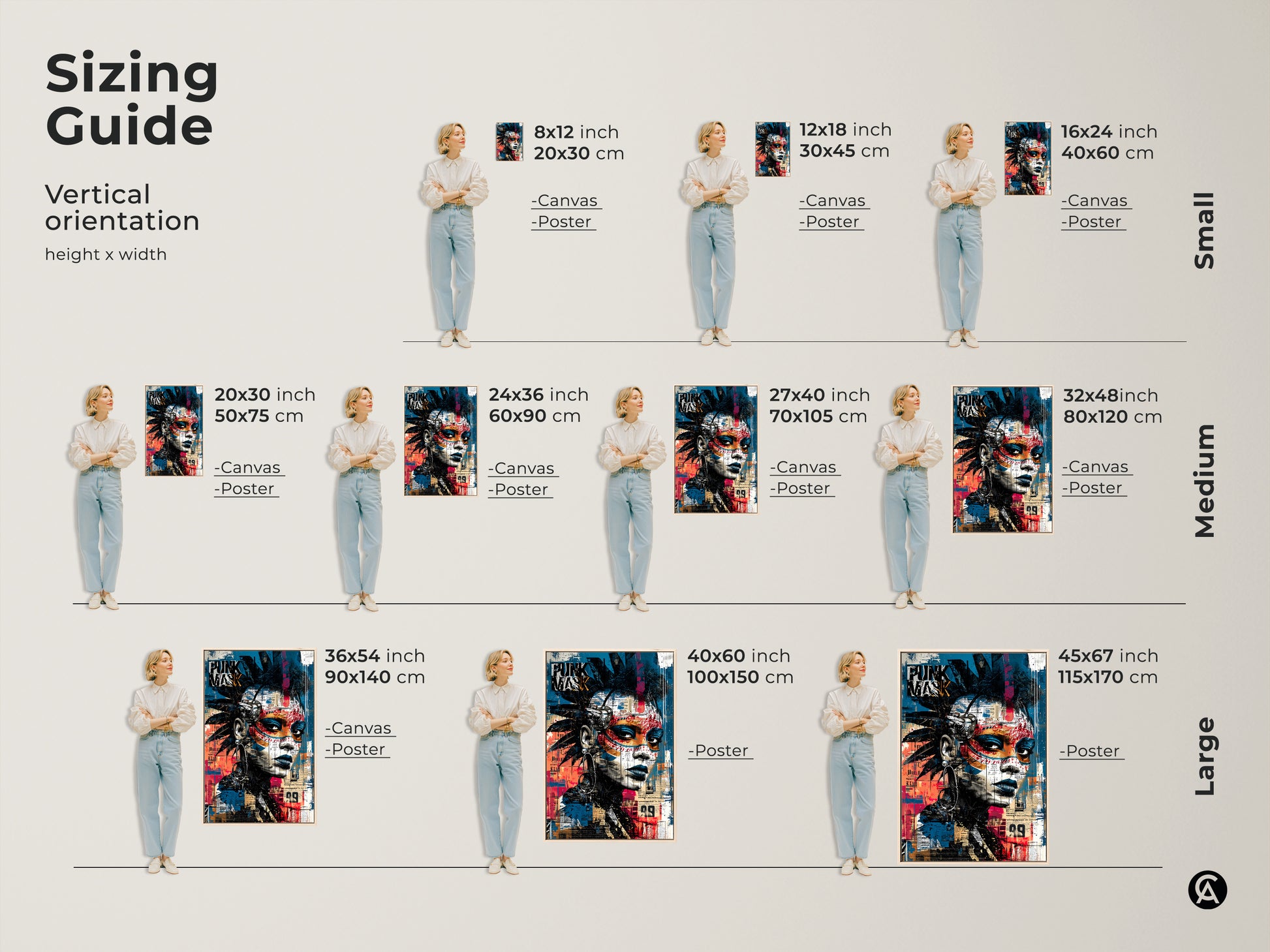 Sizing guide for vertical punk mask graffiti artwork. Available as canvas or poster prints in small medium and large sizes. The urban street art features blue black and red abstract faces. Find the perfect fit for your space with this alternative art print for eclectic decor and music lovers.