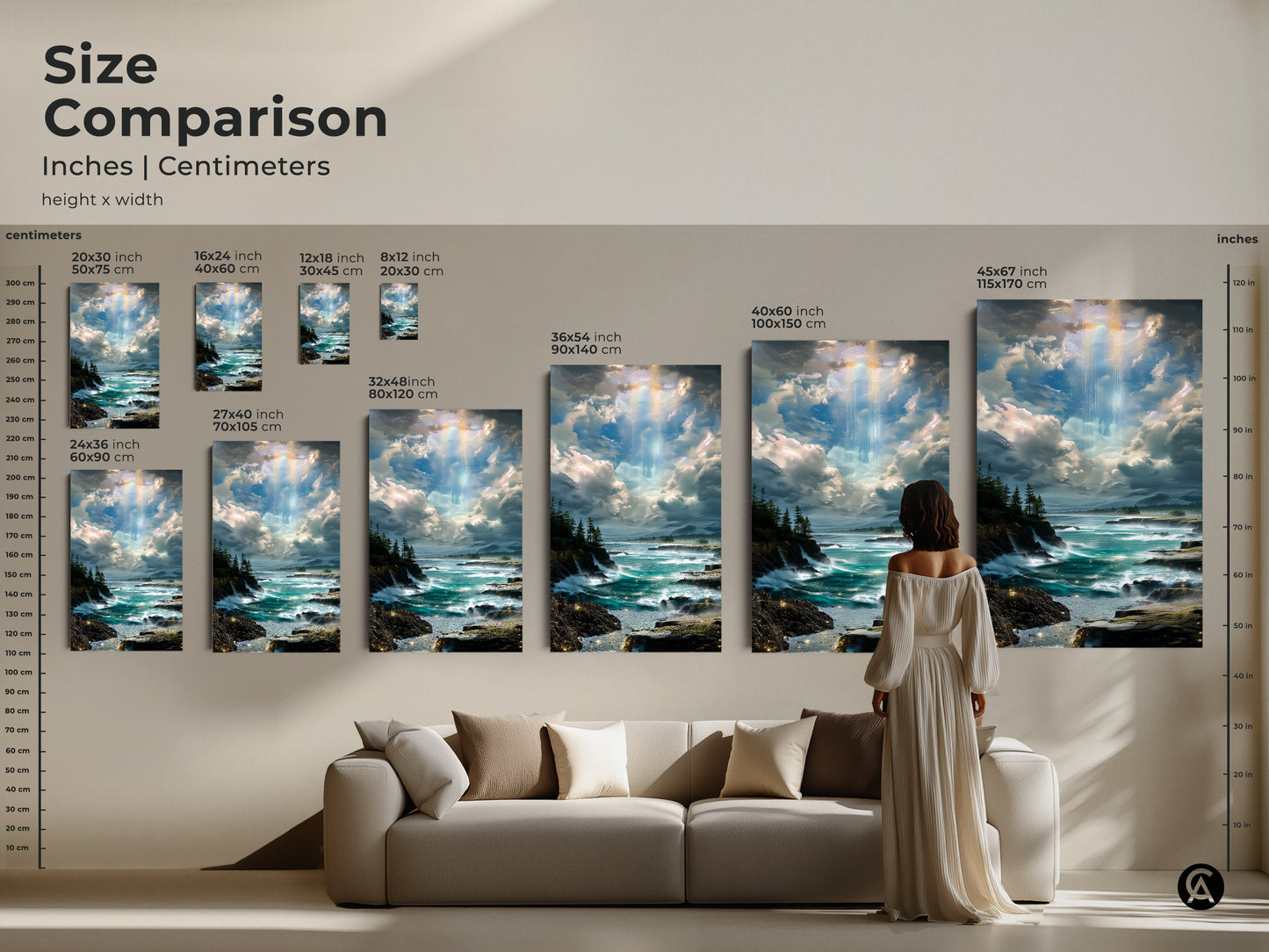 Compare sizes of ocean landscape prints available in inches and centimeters. This size comparison shows various dimensions for canvas and posters in a modern living room.