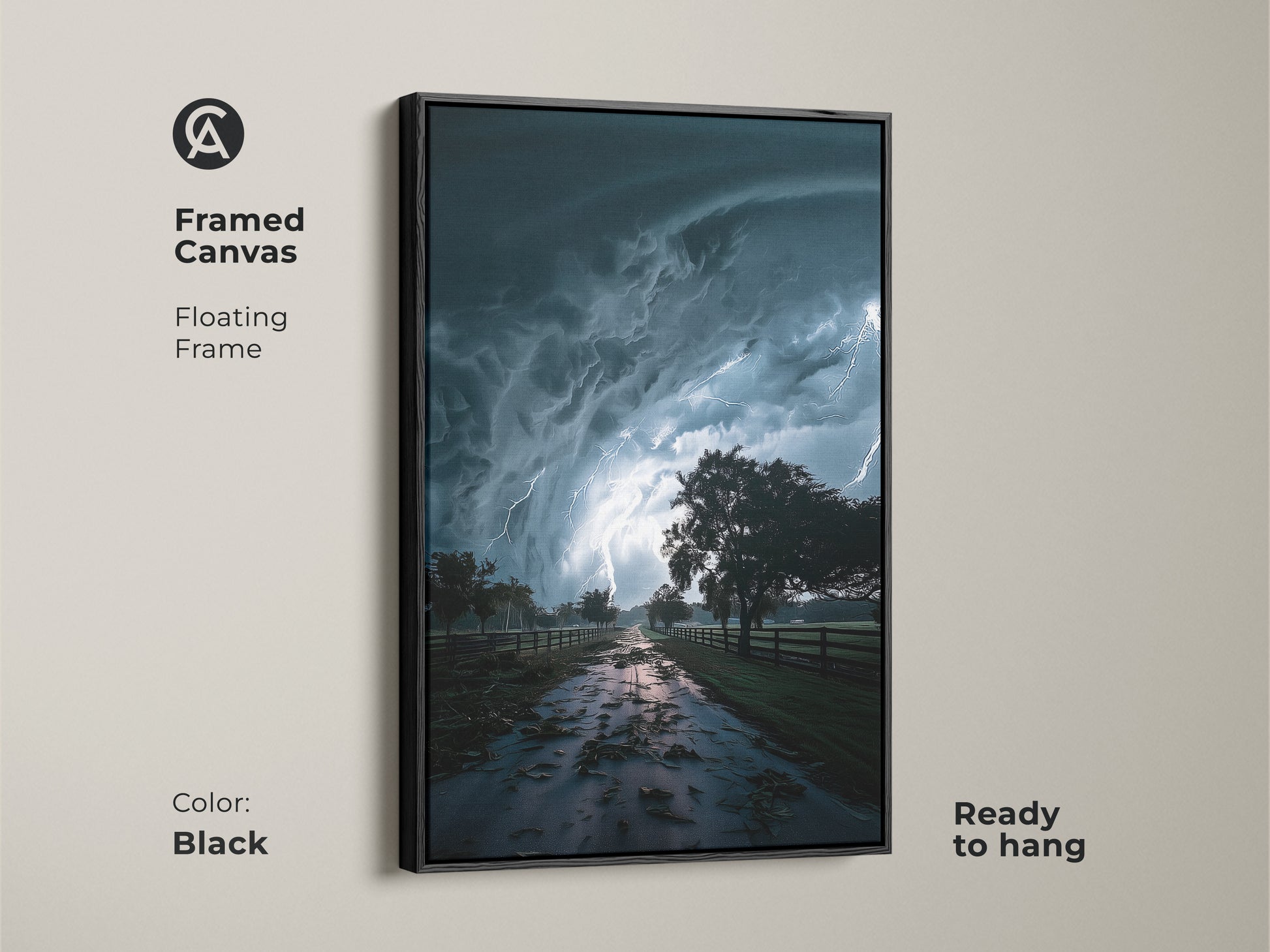 Black Framed Canvas showcasing dramatic storm art with a floating frame. The lightning landscape print features teal and dark blue weather artwork. This contemporary nature wall decor is ready to hang. It's a striking lightning canvas and perfect for modern and abstract styles.