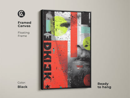 Framed canvas print featuring abstract portraiture. The black floating frame enhances the grunge collage. Red yellow and teal tones create a striking visual. This eclectic home decor artwork is ready to hang. Perfect for adding an artistic touch to your living space with this modern graphic art.