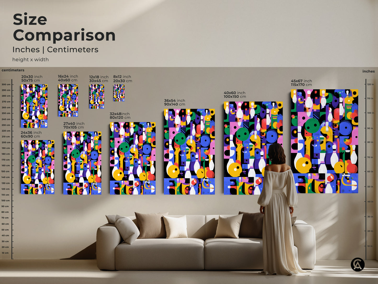 Size Comparison of Geometric Abstract Wall Art. Inches and centimeters shown. Retro bowling artwork in mid-century modern style. Visualize sizes for colorful eclectic decor. Perfect for any game room or office space.