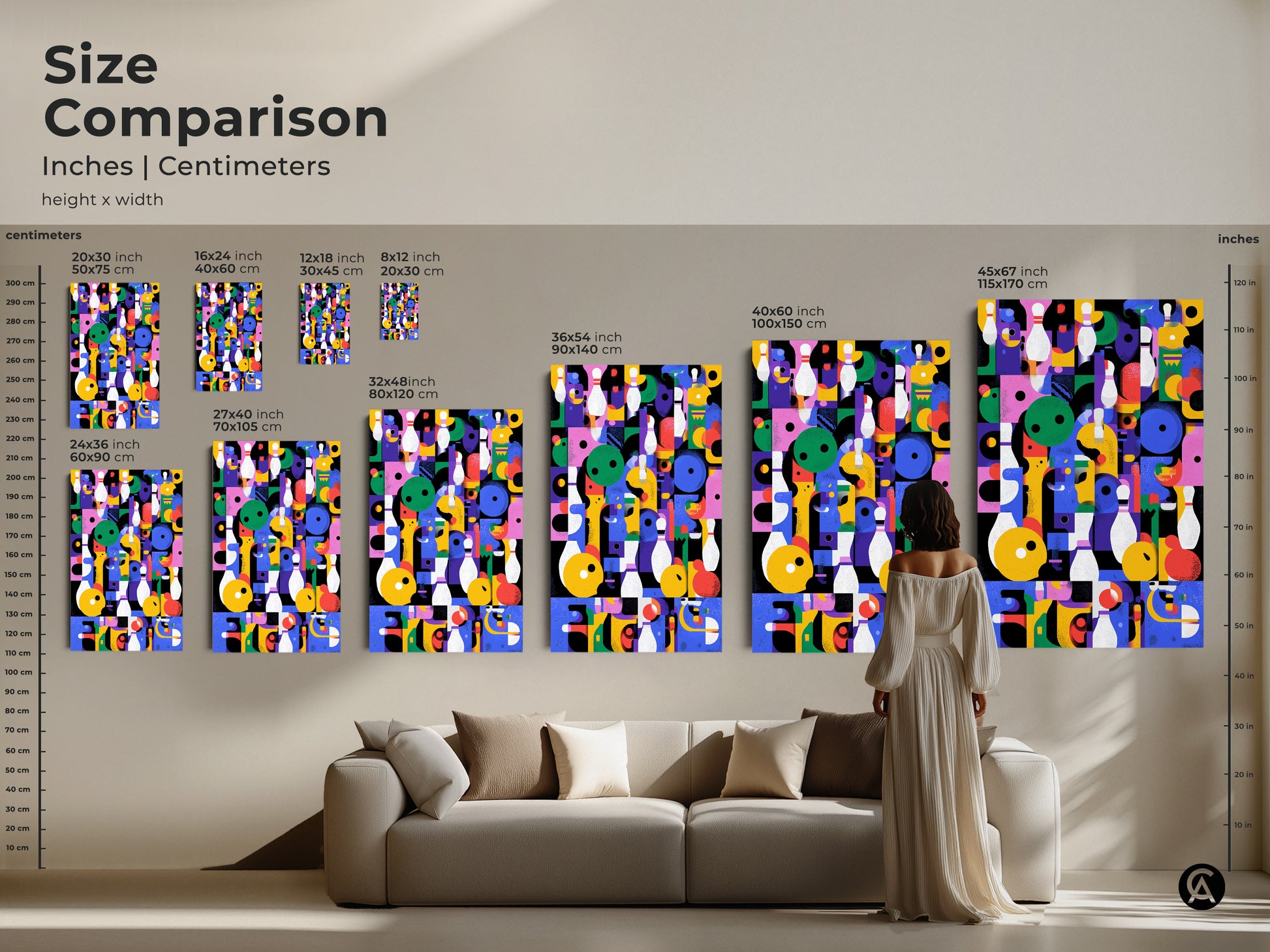 Size Comparison of Geometric Abstract Wall Art. Inches and centimeters shown. Retro bowling artwork in mid-century modern style. Visualize sizes for colorful eclectic decor. Perfect for any game room or office space.