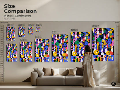 Size Comparison of Geometric Abstract Wall Art. Inches and centimeters shown. Retro bowling artwork in mid-century modern style. Visualize sizes for colorful eclectic decor. Perfect for any game room or office space.