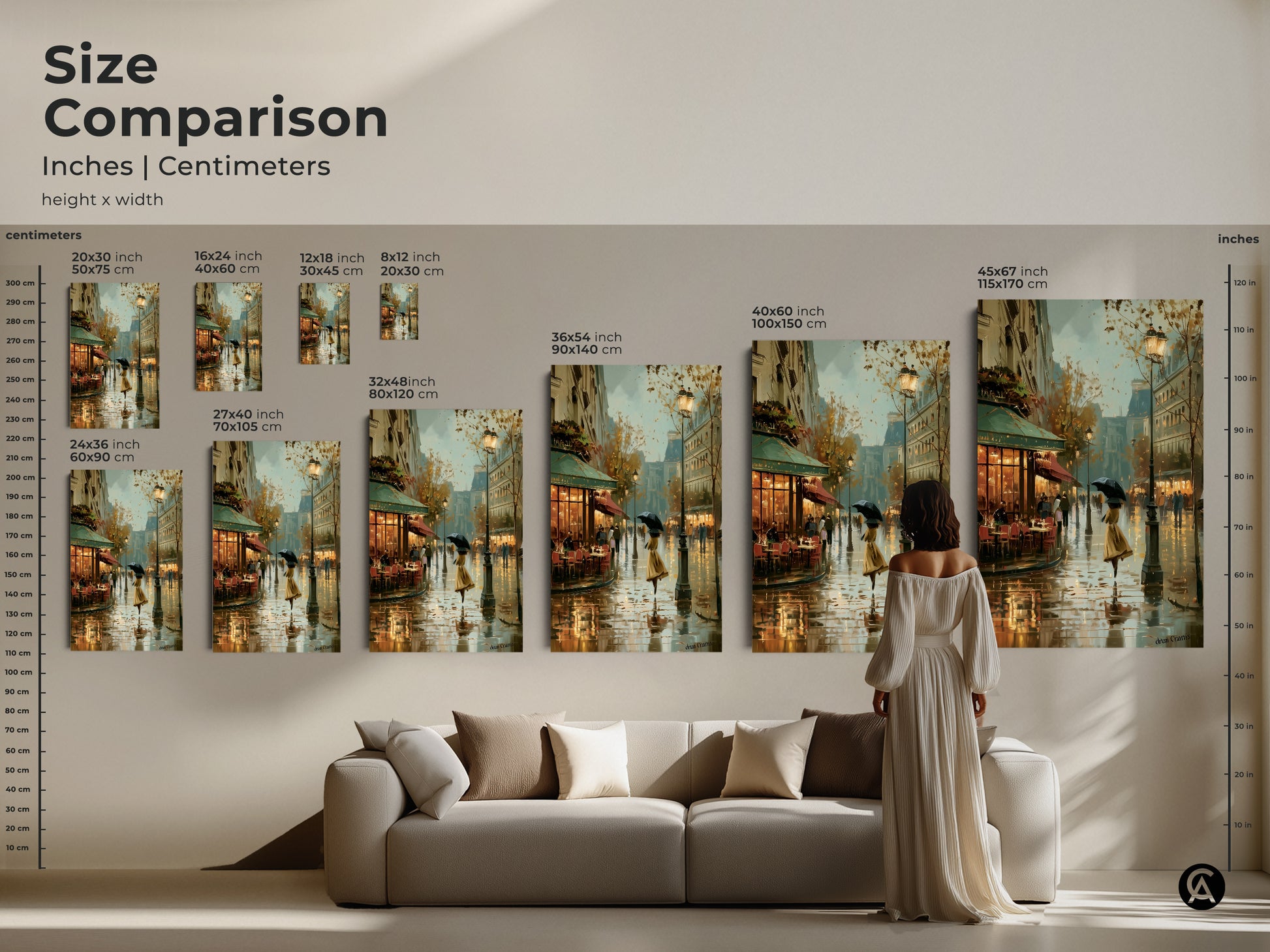 Size comparison of this Parisian street artwork in inches and centimeters. See how this impressionistic cityscape art fits above a sofa. Visualize the impact of different sizes of this European street scene decor. Perfect as a contemporary accent for your living room. It's a thoughtful Francophile housewarming gift.