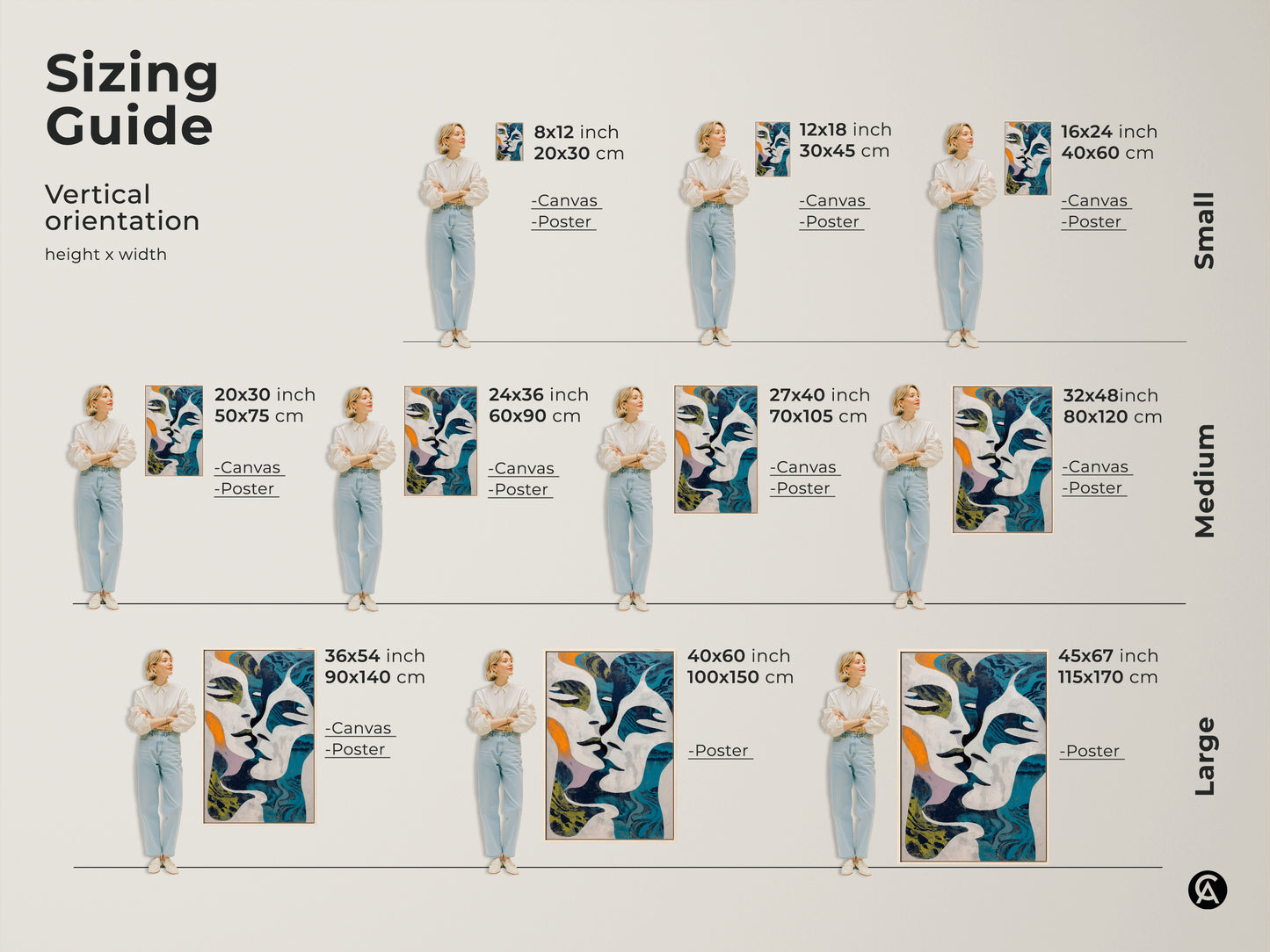Add a modern touch with this abstract figure painting. This intertwined figures canvas blends teal orange and navy. It's a contemporary wall decor for any room. This unique wall art decor is perfect for eclectic home styling.