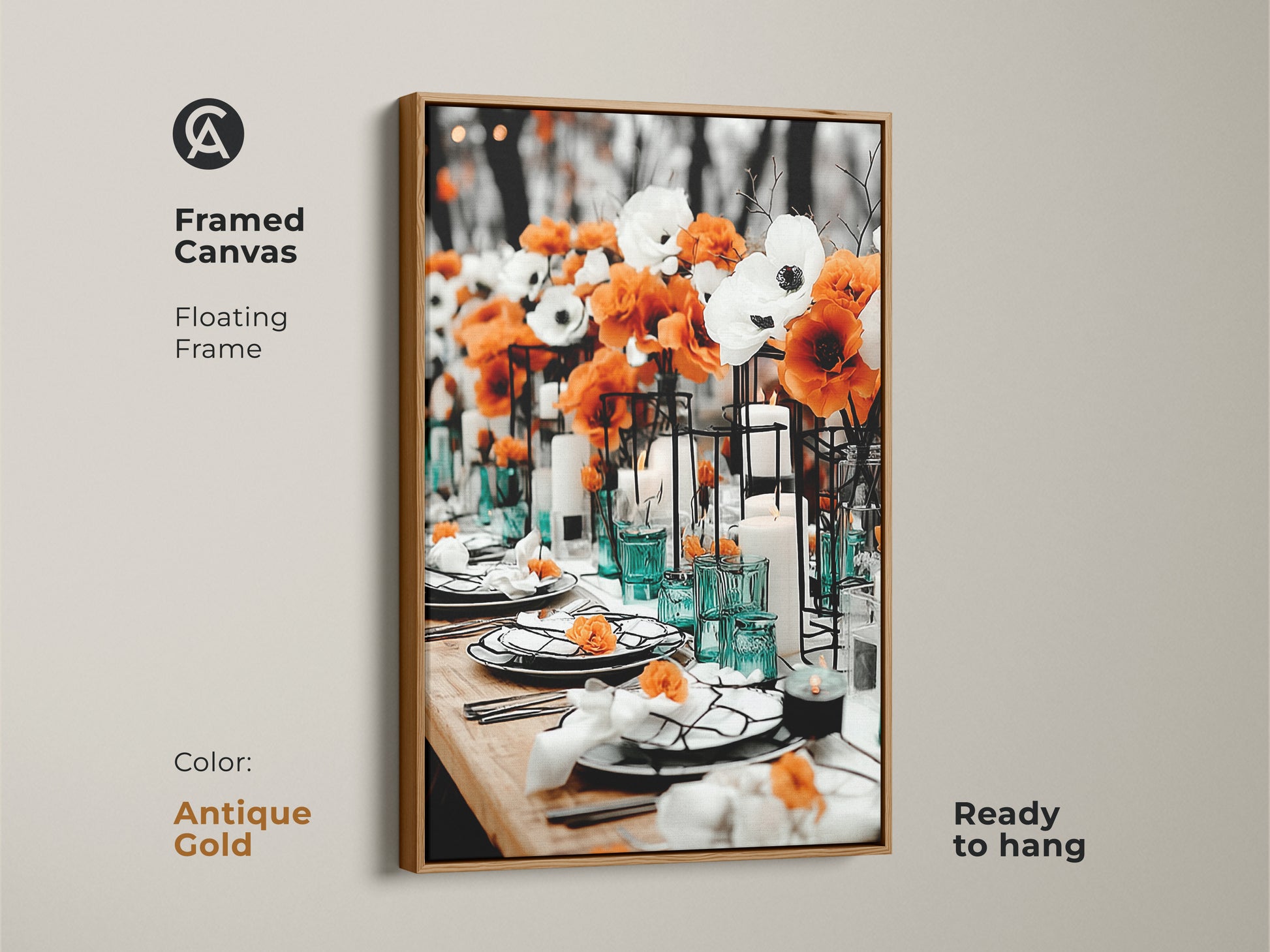 Framed canvas featuring orange and white anemones in an antique gold floating frame. This chic table setting art enhances a contemporary dining room. Ready to hang for easy decor. Perfect as floral centerpiece print for residential interiors or upscale restaurants. Add a sophisticated touch to your event space.