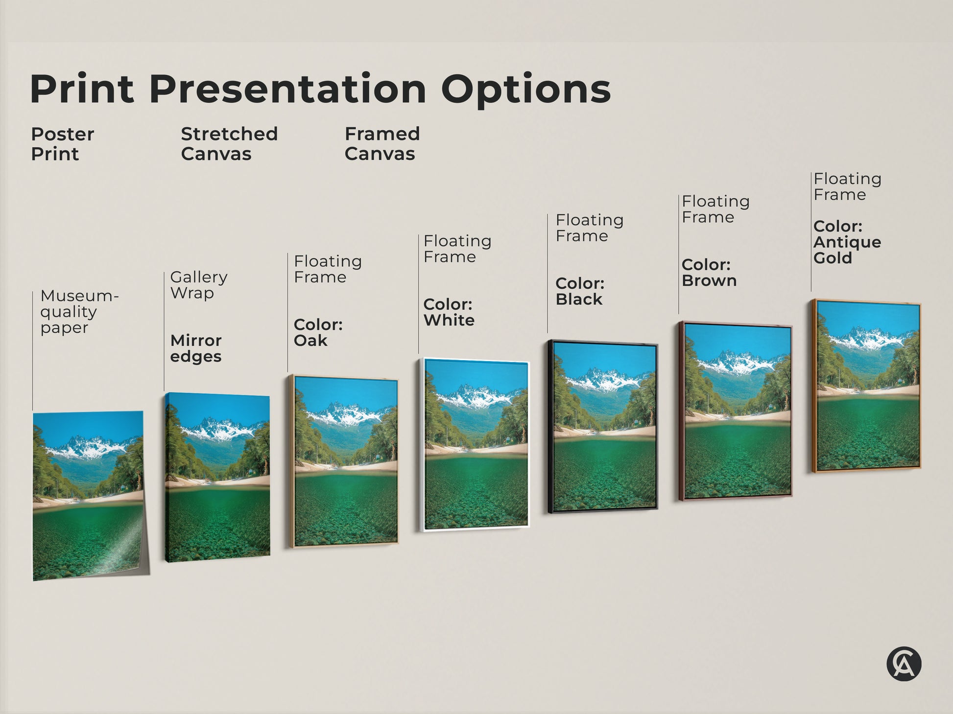 Explore print presentation options with this mountain river art. Choose from poster print stretched canvas or framed canvas. Each option showcases snowy peaks and teal water. The museum quality paper gallery wrap and floating frames enhance this nature landscape art