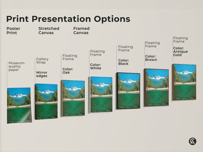 Explore print presentation options with this mountain river art. Choose from poster print stretched canvas or framed canvas. Each option showcases snowy peaks and teal water. The museum quality paper gallery wrap and floating frames enhance this nature landscape art